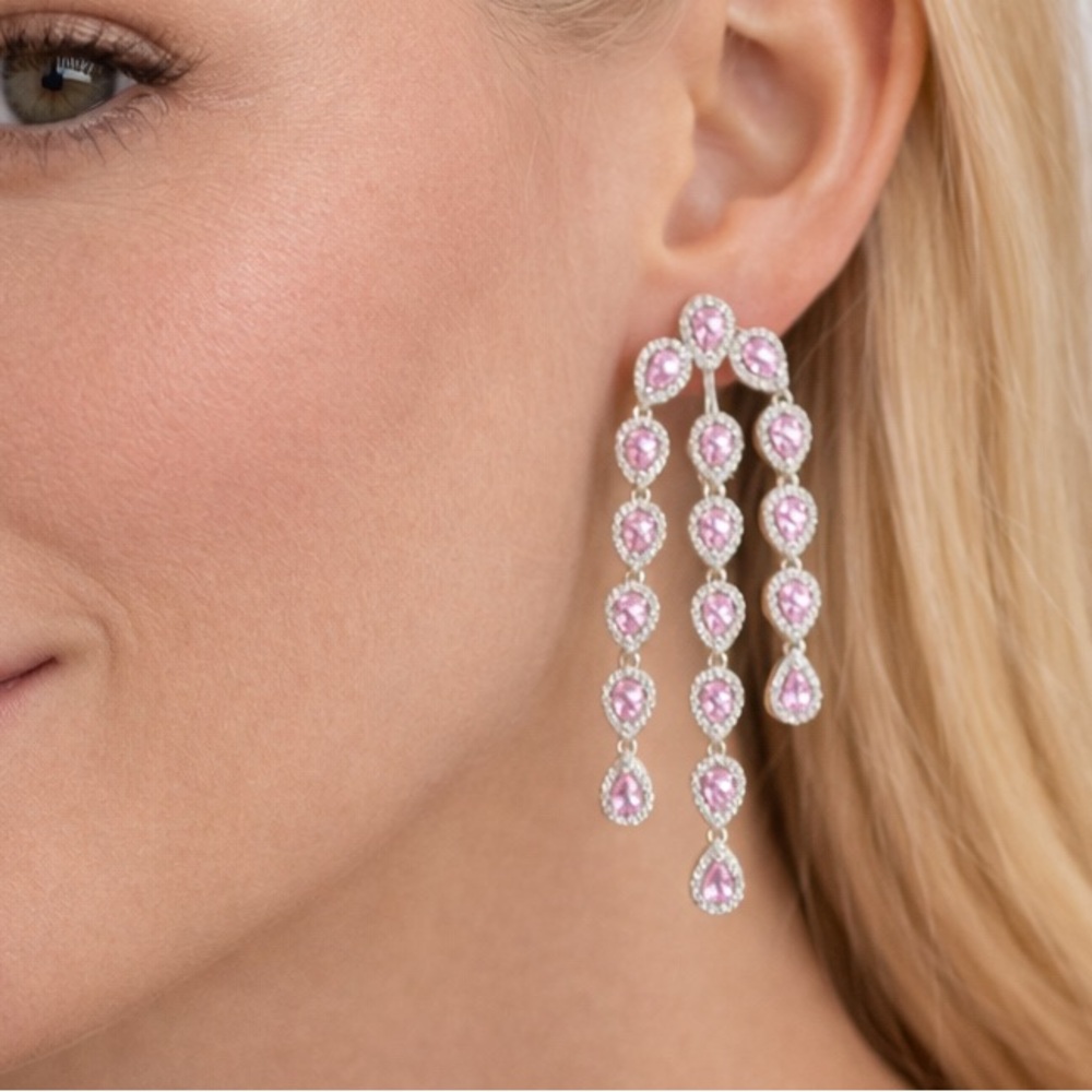 Swarovski Crystals Pink Dangling Teardrop Earrings The Floya - Picture 4 of 5